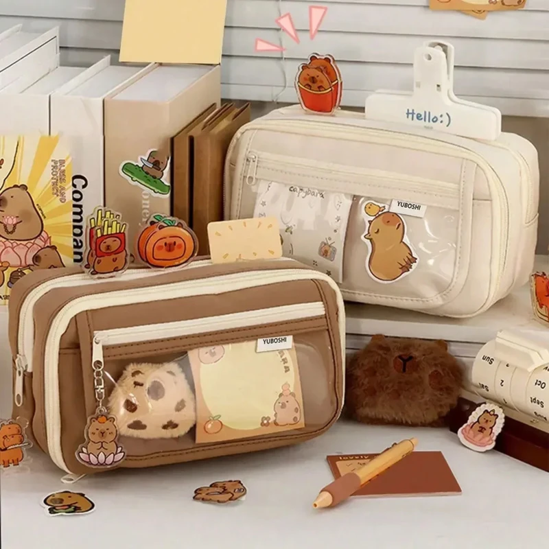 

Студенческая сумка-карандаш Capybara, высокий внешний вид, большая вместительная многослойная сумка для канцелярских принадлежностей, студенческая сумка для ручек с наклейкой для девочек