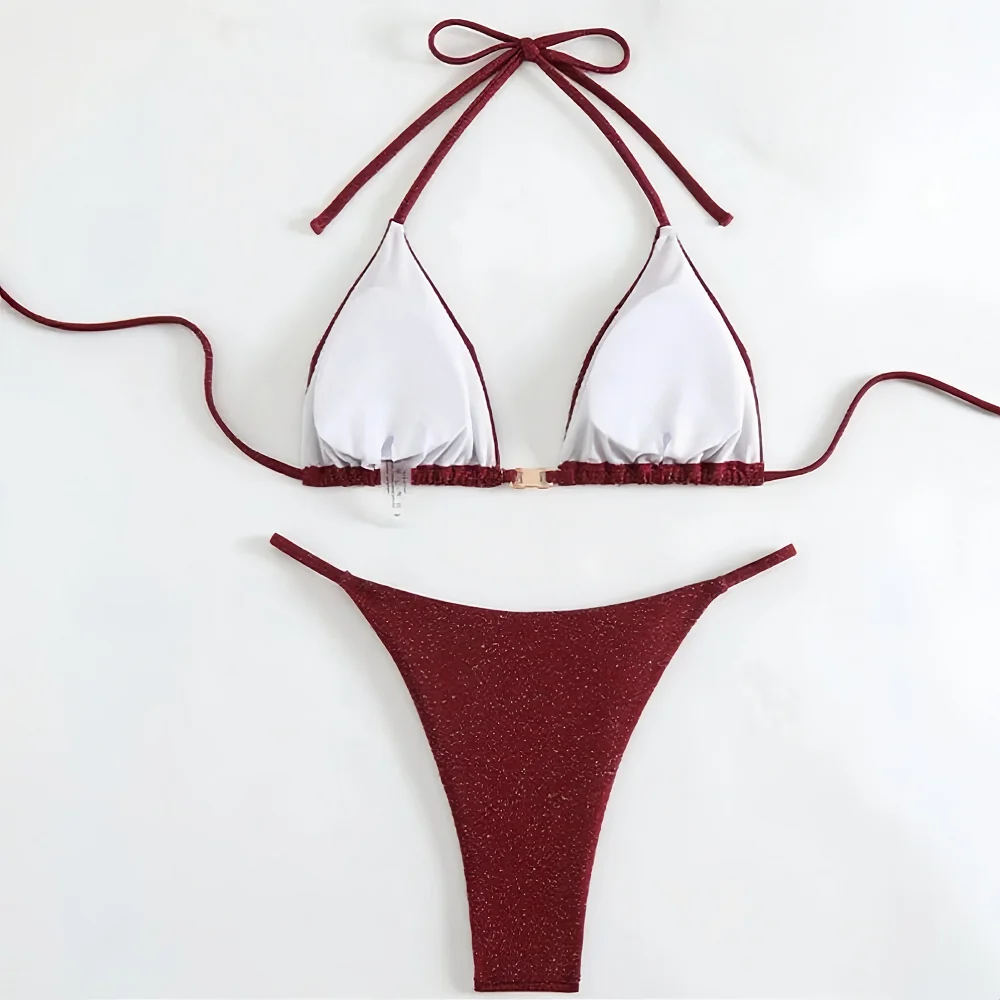 Burgundowy Zestaw Bikini Damski Vintage Wiązany na Szyi z Wysokim Wycięciem, Strój Kąpielowy z Cekinami i Złotymi Akcentami, Luksusowa Brazylijska Odzież Plażowa