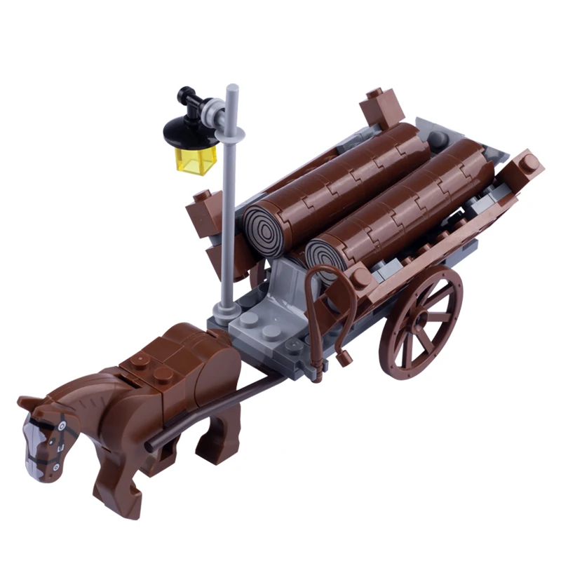 MOC carrello medievale Bullock carrello Street View Building Blocks agricoltore legno verdura Chariot cavallo trasportatore mattoni giocattoli regalo