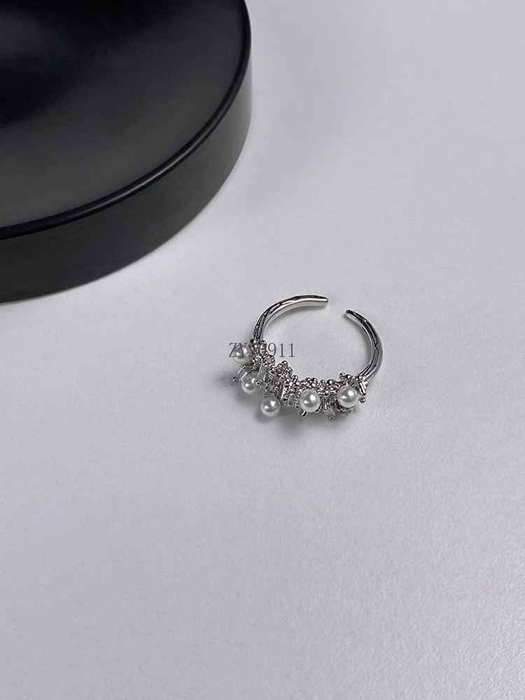 Semplice anello di perle da donna squisito micro-intarsiato zircone aperto anello per dito indice gioielli a mano