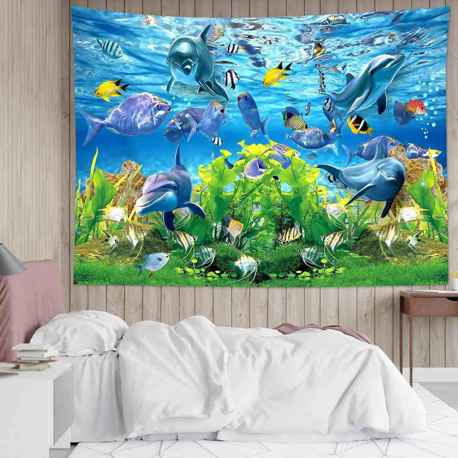 نسيج دولفين الأسماك الاستوائية والشعاب المرجانية في المحيط الأزرق جدار الفن الصيف طبيعة البحر المناظر الطبيعية نسيج الجدار الشنق ل