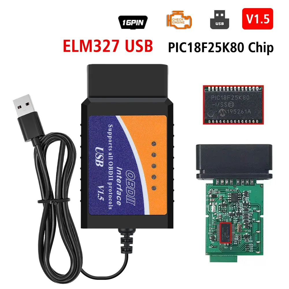 Support Most OBDII Protocols With PIC18F25K80 Chip Super ELM327 USB 1.5 Car Diagnostic Cable ELM 327 USB V1.5 OBD2 Scanner