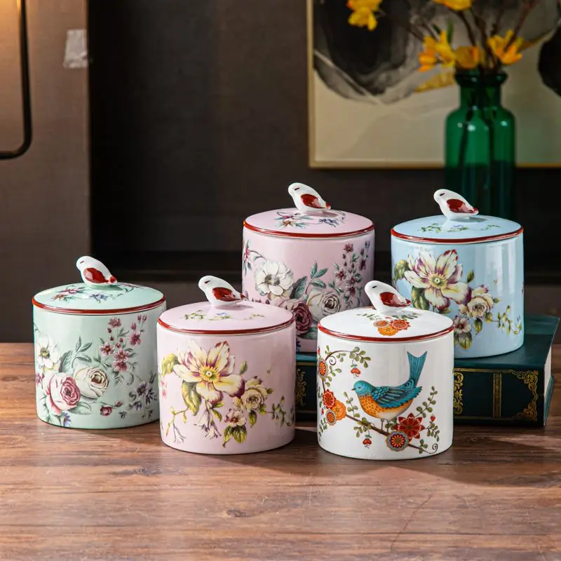 Creative Ceramic Rabbit Cotton Swab Box with Painted Flowers Toothpick Holder Bathroom Cotton Swab Box Desktop Candy Jar Gifts