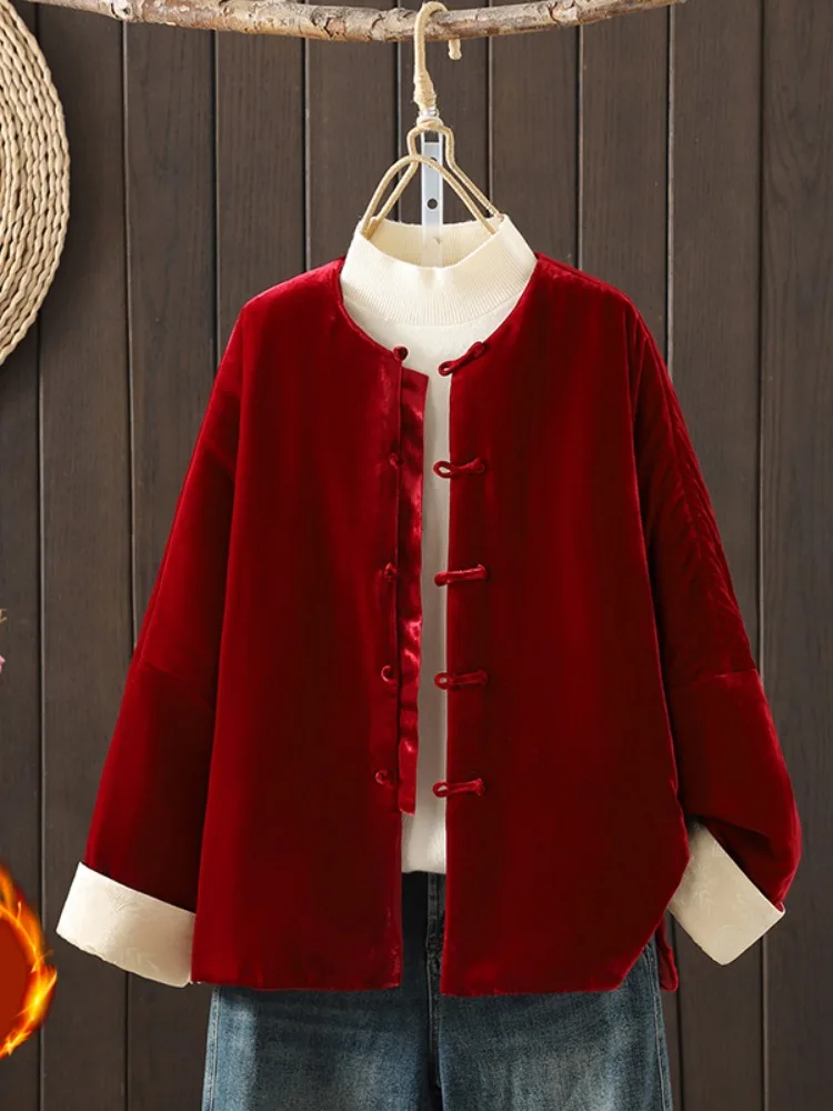 

Chinese Style Velvet Collar Thickened Cotton Jacket Women's Winter Large Size Beautiful Age-Defying Cotton Padded Outerwear