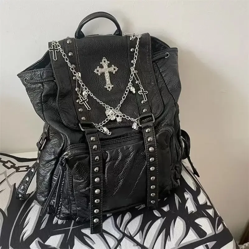 

MBTI Goth Y2k Backpacks for Women Black Punk Rivet Chain School Students Bag Pu Leather Cross Skeleton Fashion Female Backpacks