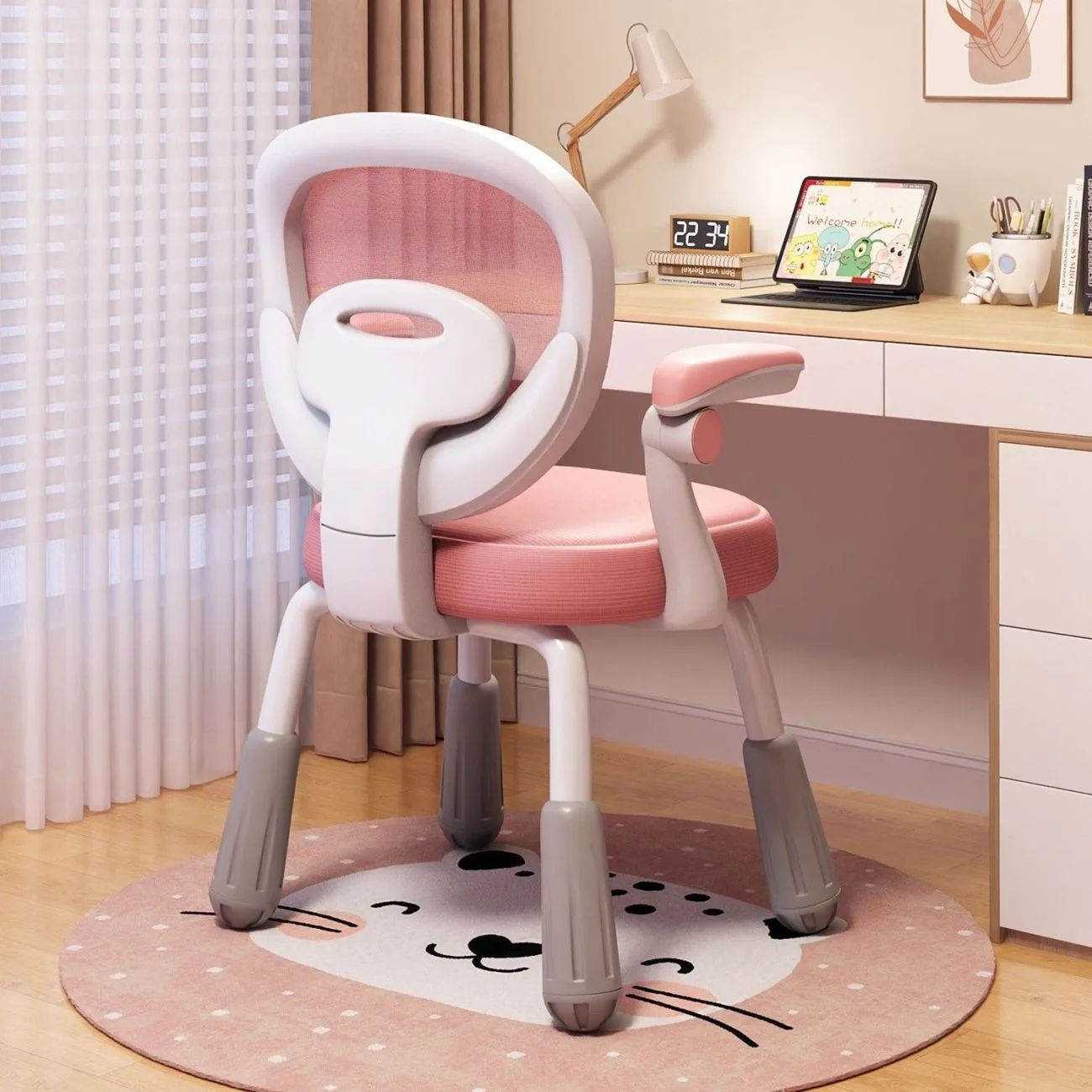 Kids Study Chair, Height Adjustable Comfortable Desk Stool for Students, Home Writing Computer Seat with Back Support
