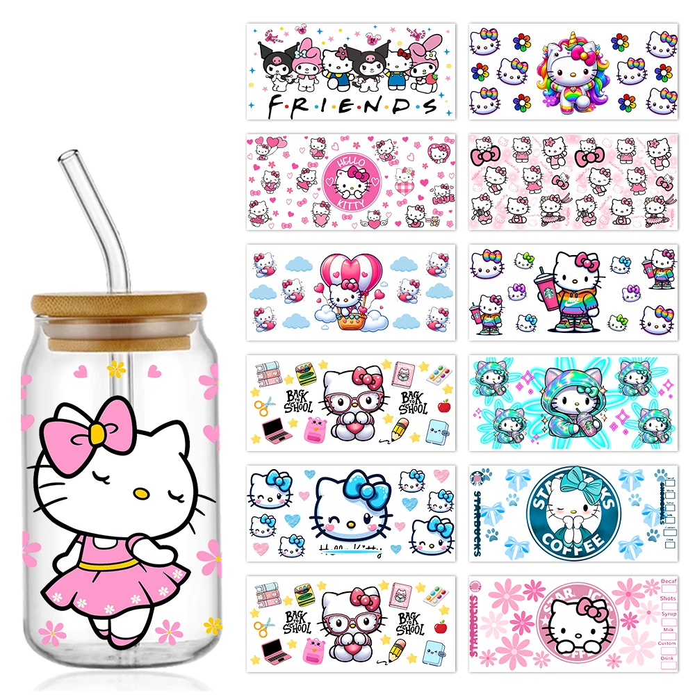 Libbey-Autocollant en verre rond pour tasse, transfert de gobelet, enveloppes de gobelet, dessin animé, Hello Cat, UV, DTF, 16oz