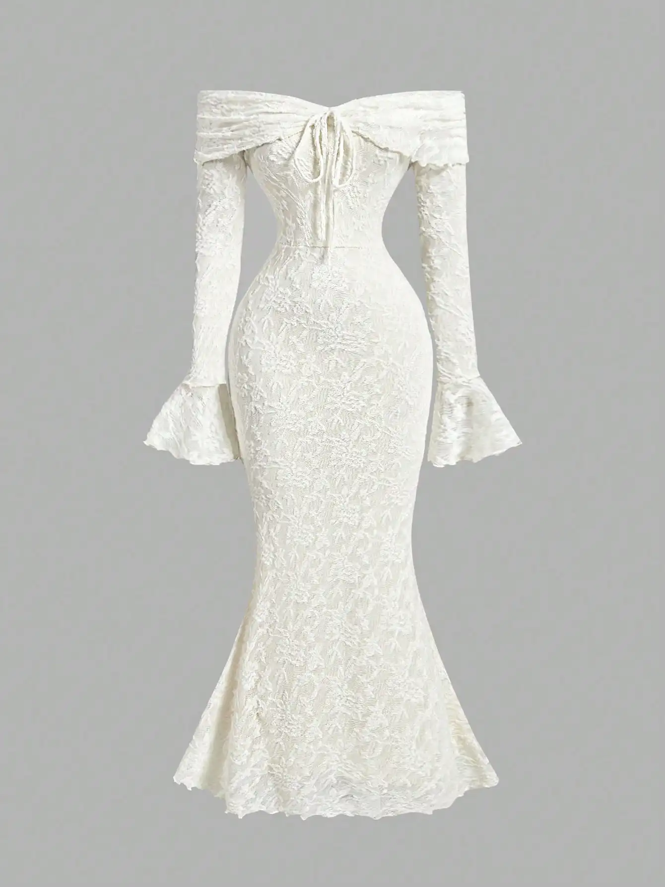 

Off Shoulder Long Sleeve Lace Bodycon Mermaid Dress with Front Tie