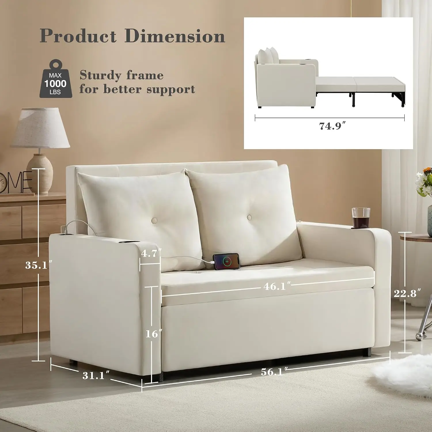 3-in-1 Velvet Pull Out Sofa Bed, Convertible Sleeper with Storage, 56