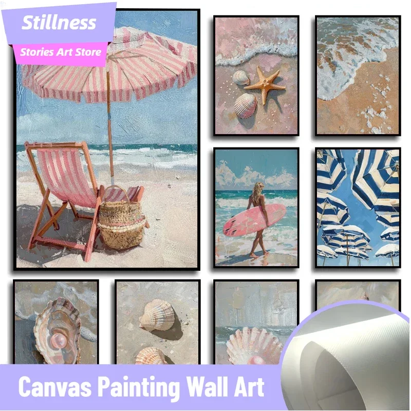 Stillness Stories  frameless Trendy French Summer Surfer Girl Coastal Beach Umbrellas Pink Pearl Poster Canvas Painting Wall Art