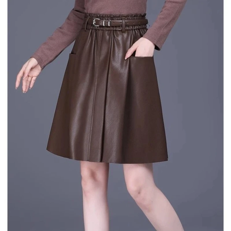 Women's High Waist A-Line Skirt PU Leather Stretchy Slim Fit Versatile Autumn Winter Skirts