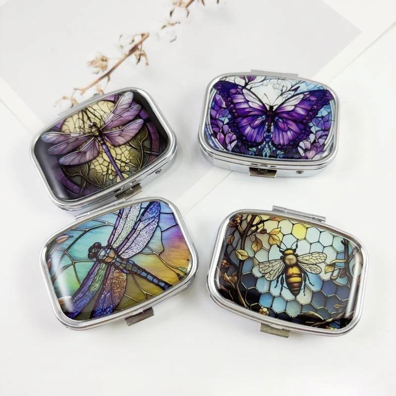 Square Two Compartment Metal Pill Box Stained Glass Insect Print Portable Medicine Container For Travel Daily Carry Organizer