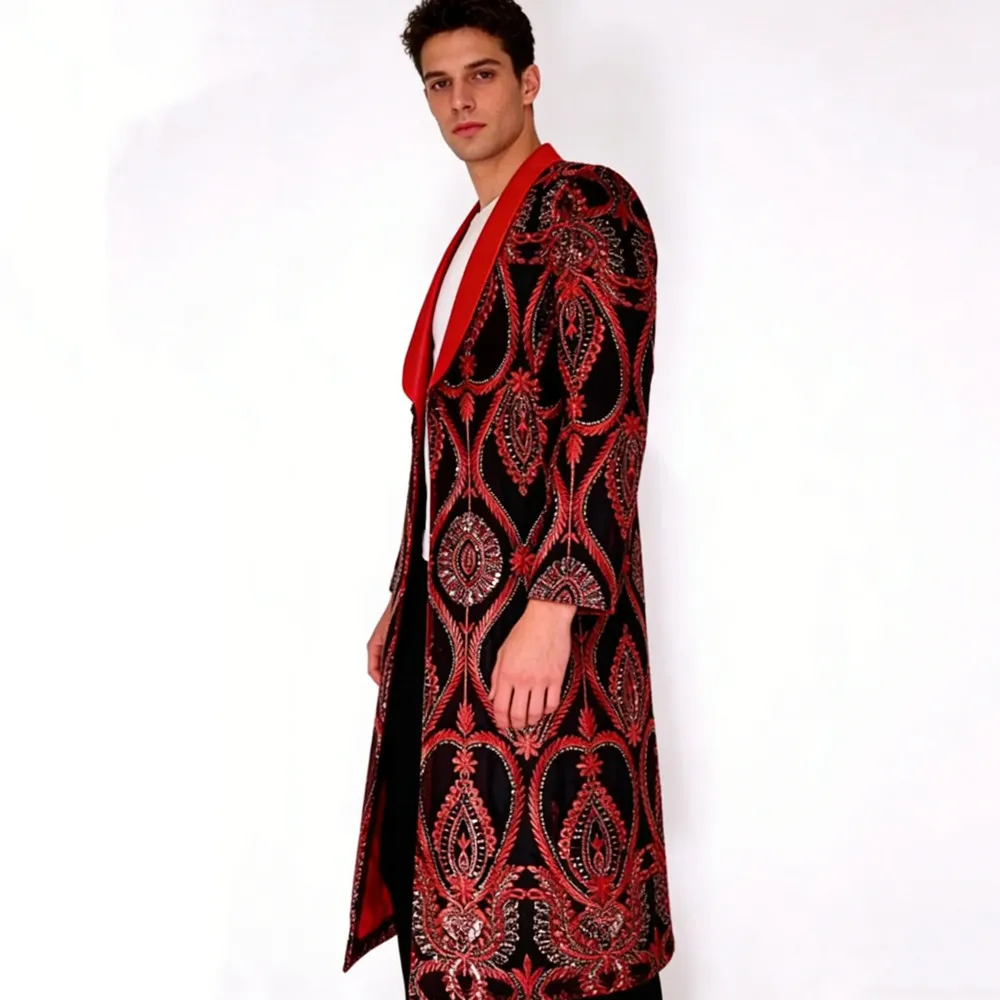 Customized Men's Sequins Embroidery Extra Long Coat Shawl Collar Overcoat for Male Singer Bar Concert Stage Performance Costume
