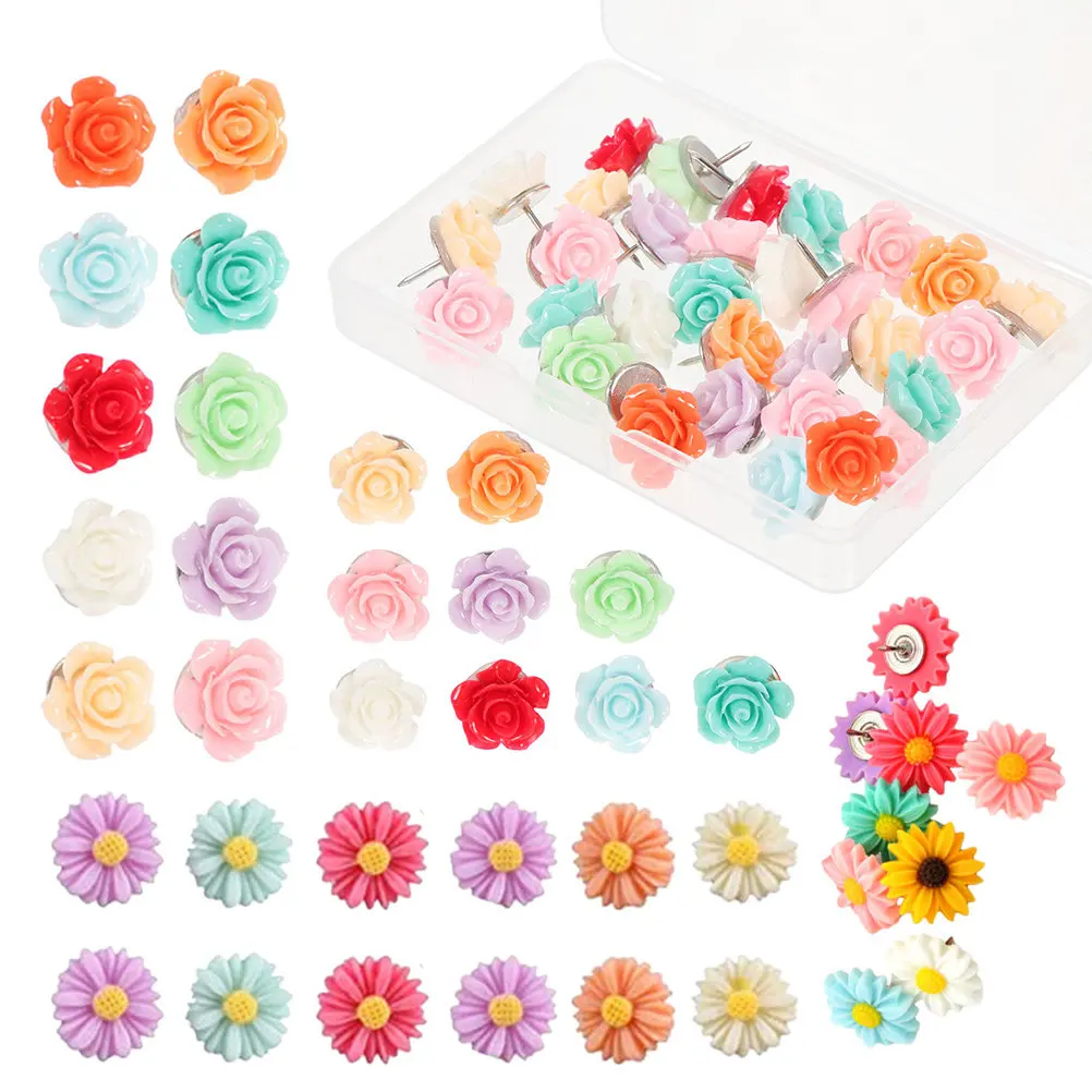 60Pcs Flower Resin Push Tacks Decorative Thumbtacks for Cork Boards Bulletin Photo Wall Office Use Thumb Tack Cute Push Pins