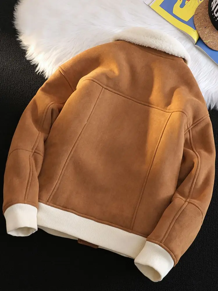 Coat men's thickened warm brown fur integrated lamb cotton-padded coat winter velvet simple fashion versatile lapel high-end 1Pc