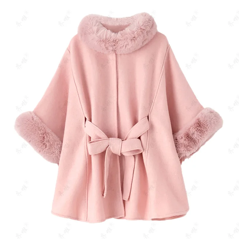

Winter Rex Rabbit Fur Collar Belt Knitted Poncho Cape Shawl Woolen Large Size Women's Coat