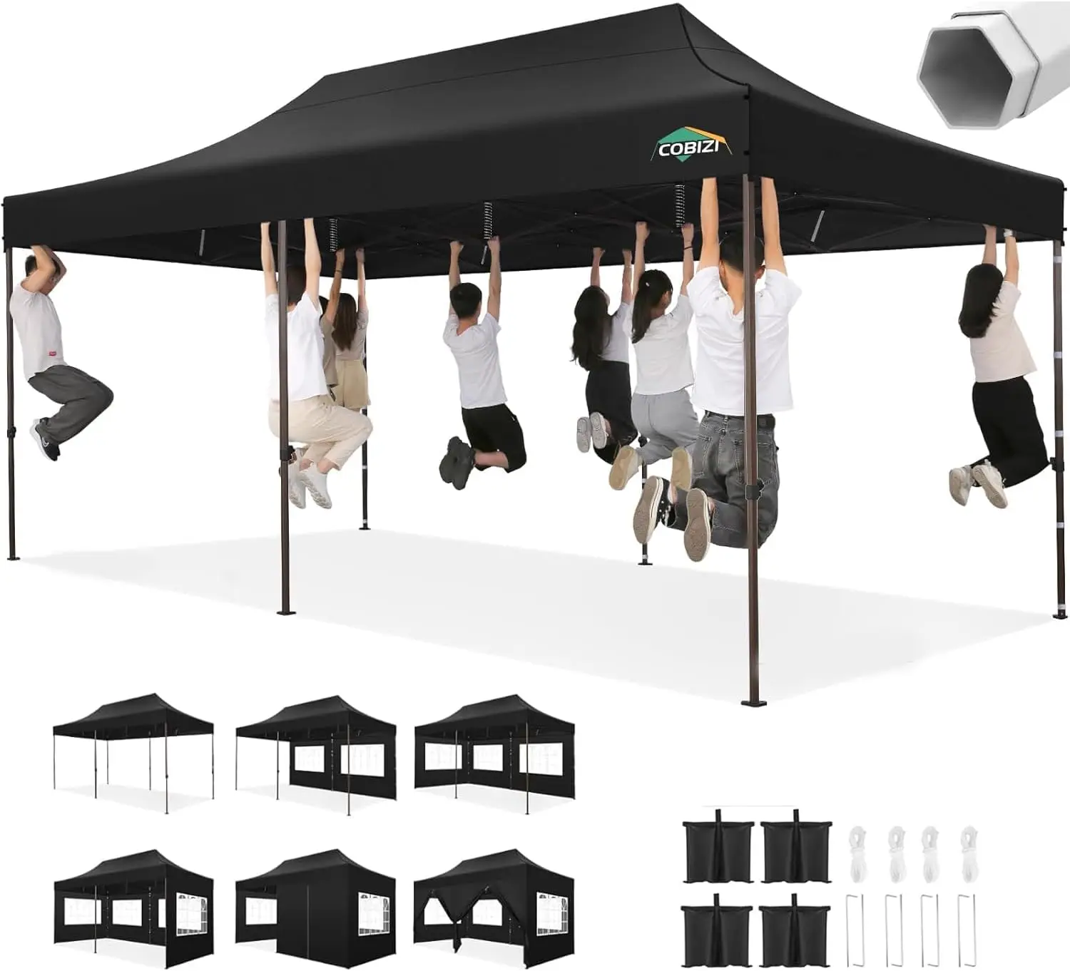 

Heavy Duty 10x20 Pop up Canopy Tent with 6 Sidewalls, Commercial Instant Canopies Tents for Parties Gazebos, Black