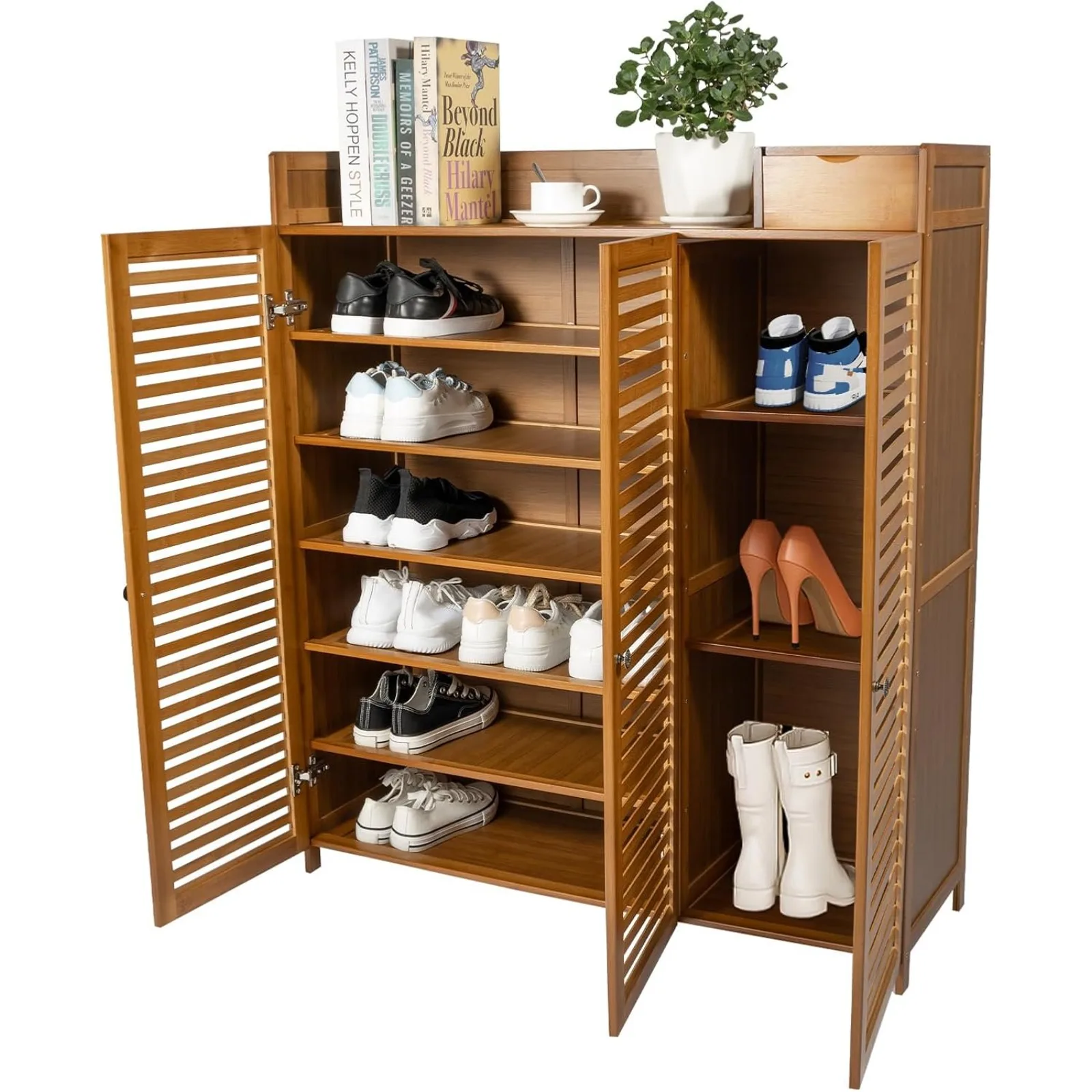 7 Tier Bamboo Shoe Cabinet with Doors 30 Pairs Shoe Rack Brown Shoe Storage Organizer Free-Standing Shoe Shelf for Entryway Hallway Living Room Bedroom