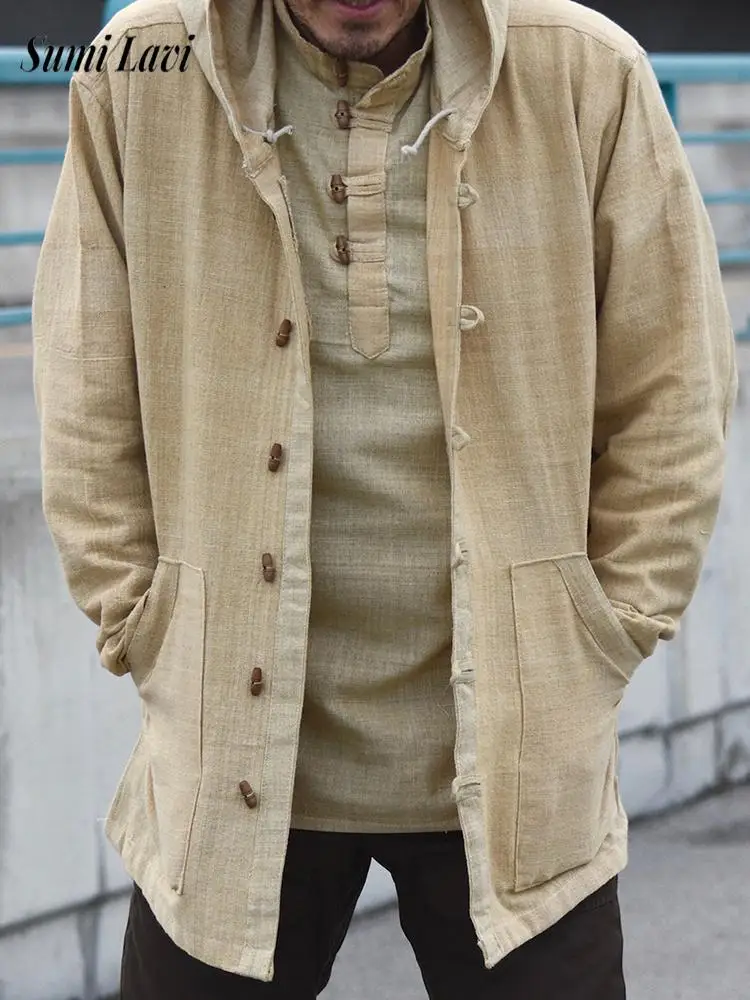 Vintage Mens Linen Cardigan Tops Spring Autumn Retro Button-up Hooded Jacket Men Daily Casual Breathable Loose Coat Jackets
