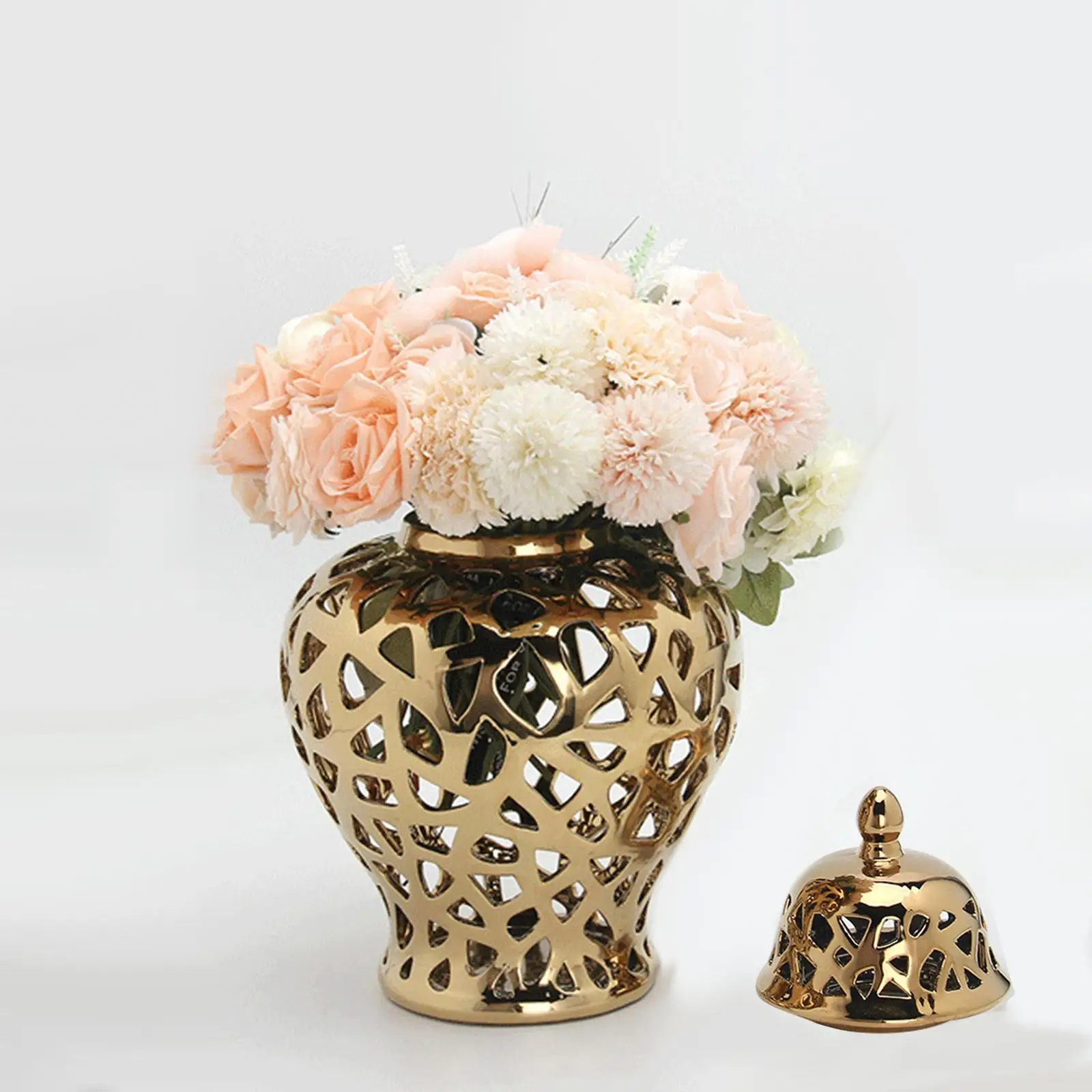 

Ceramic Ginger Jar Flower Domed Lid Storage Jar Handicraft Carved Lattice for Table Centerpiece Wedding Decor Gift Collectible