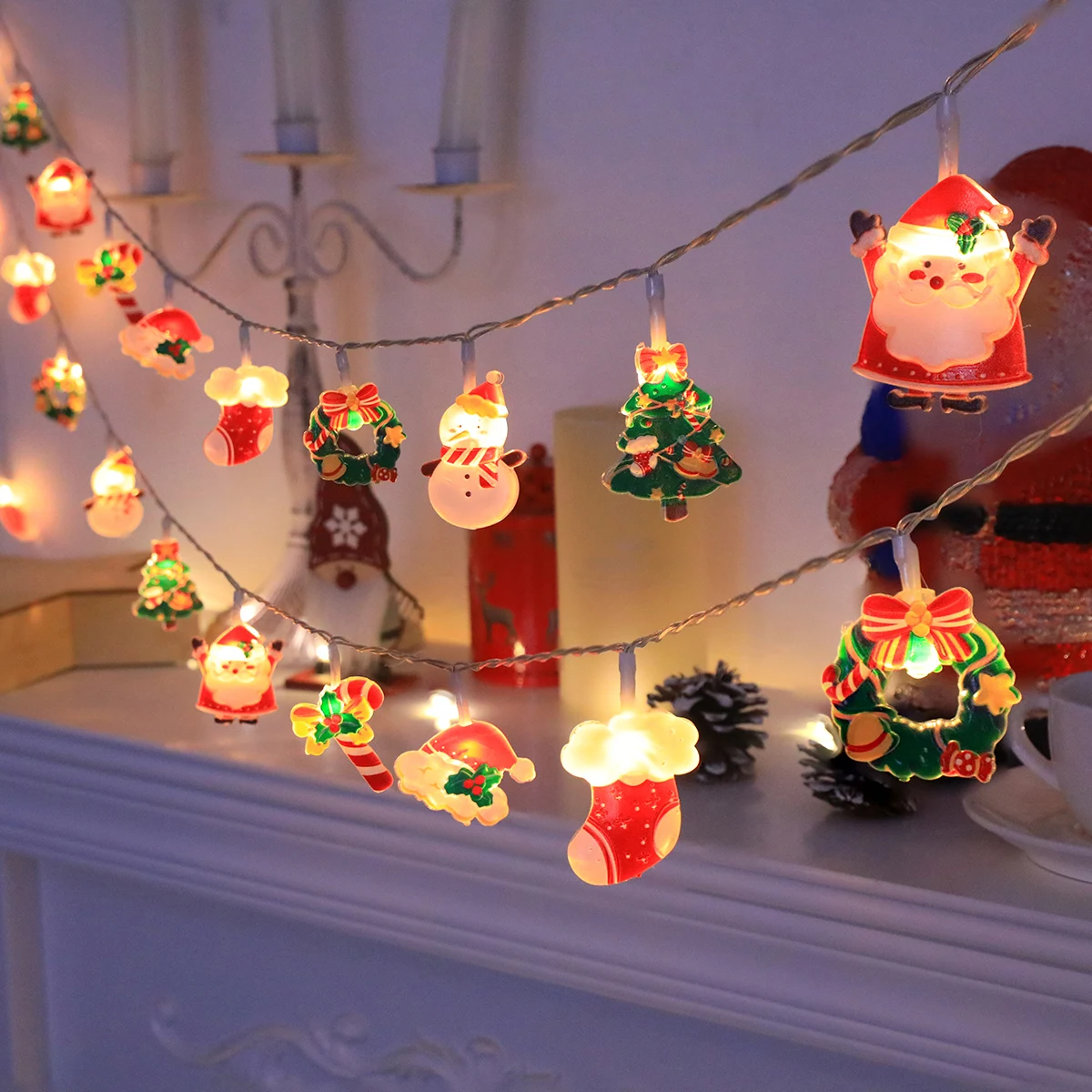 Guirlande lumineuse LED de noël, avec père noël/bonhomme de neige/canne à bonbons/bas de noël/designs de flocons de neige, pour fête de noël/intérieur/arbre