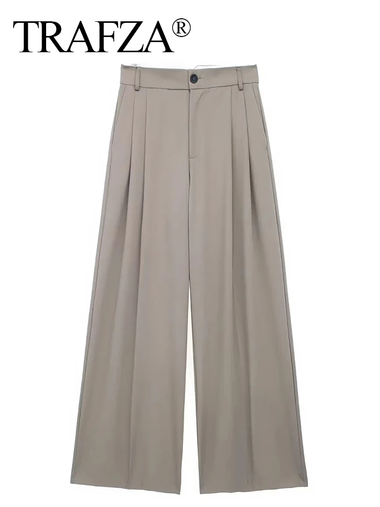 TRAFZA 2024 Women\'s Casual Solid Wide Leg Pants Female Vintage Summer High Waist Pleated Loose Buttons Long Lady Trousers