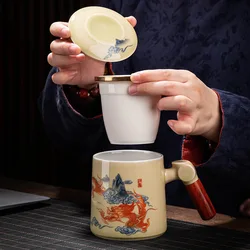 Ceramic Tea Cup with Lid Fish Leaping, Dragon Gate Mug, Personalized Filter, Tea Cup, Tea Separation, Flower Tea Cup, Office Cup