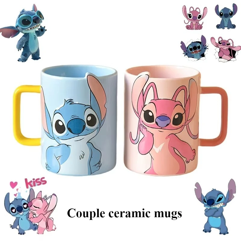 Nuevos periféricos de dibujos animados de Disney Stitch Angel, taza de cerámica estampada creativa y bonita, regalos de cumpleaños de alto valor para parejas, venta al por mayor