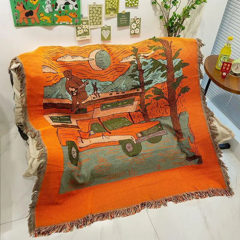 

Плед-покрывало в стиле ретро с медведем, тканое, с бахромой, для дивана, настенный гобелен, для кемпинга на открытом воздухе, в стиле Ins, для домашнего декора