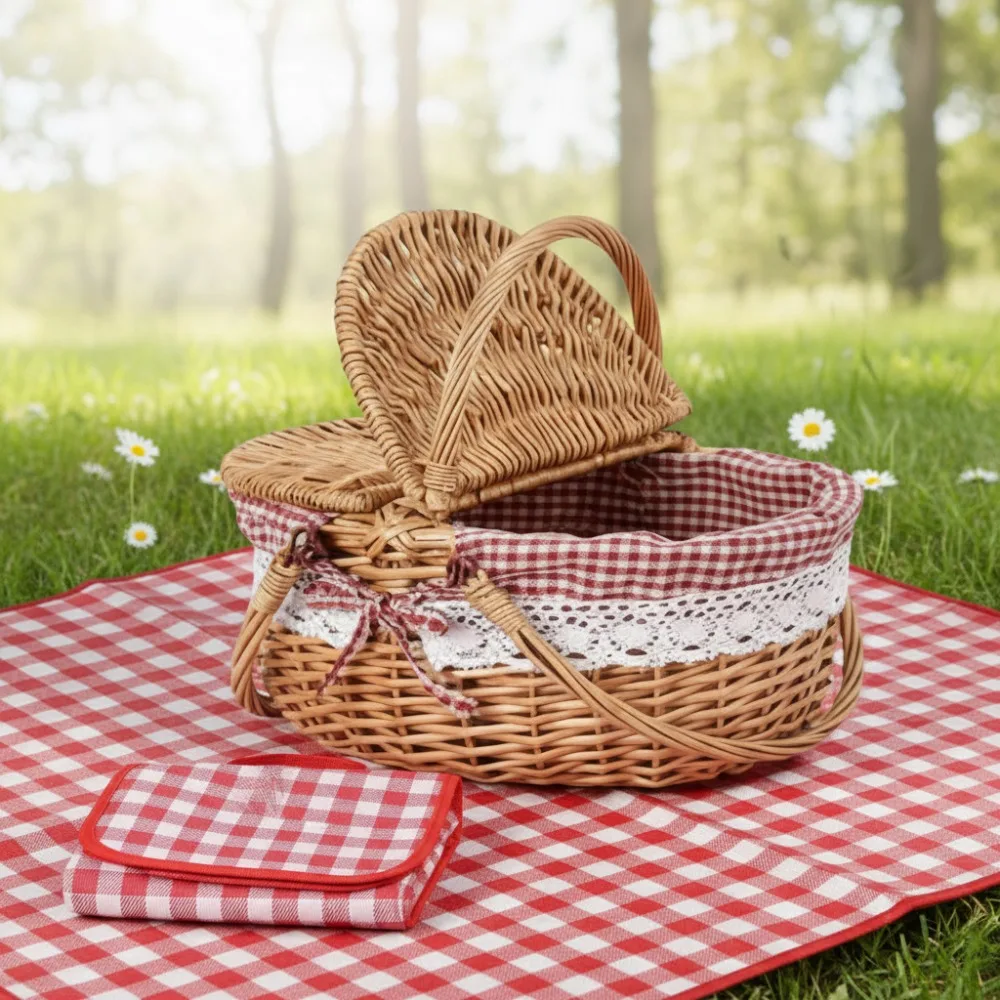 

Vintage Woven Picnic Basket with Split Lid & Mat - Portable Hamper for Outdoor Picnics, Hiking, Camping