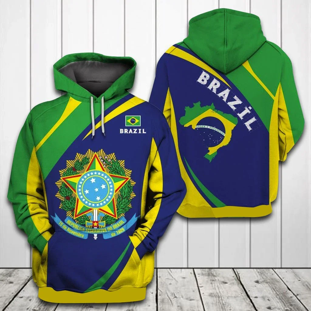 

New Brazil Flag and Emblem Pattern Hoodies For Male Loose Men's Fashion Sweatshirts Boy Casual Clothing Oversized Streetwear