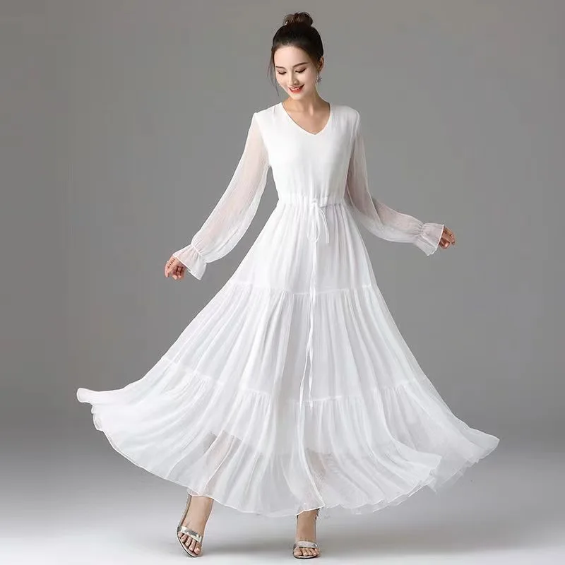 여성 여름 쉬폰 드레스 솔리드 긴팔 보헤미안 비치 드레스 해변 휴가 우아한 라지 스윙 롱 드레스 여성 의류