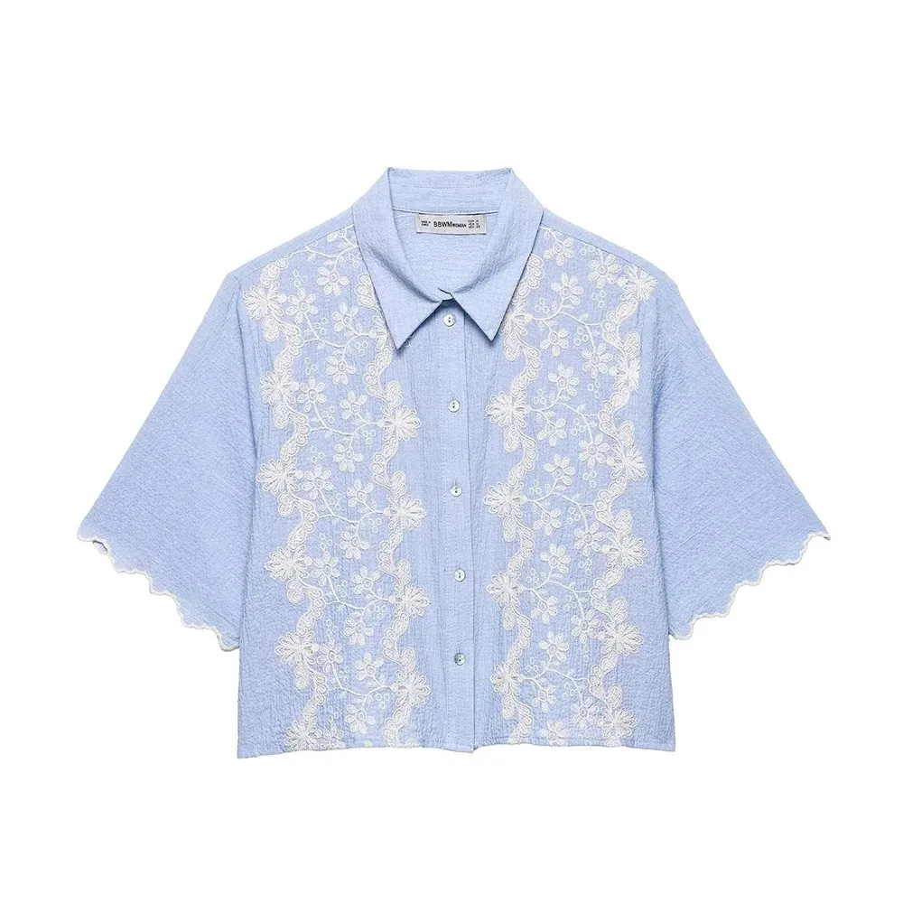 レディース 袖口イレギュラーデザインシングルブレストショートトップス カジュアルレトロ花柄刺繍半袖ラペルシャツ エレガント婦人服