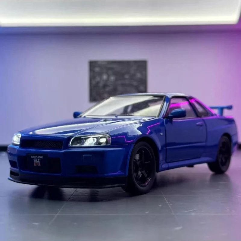 1:24 Nissan GTR R34 Skylin Fast & Furious Alloy Car Model Sound and Light Pull Back Children's Toy Collectibles Birthday gift