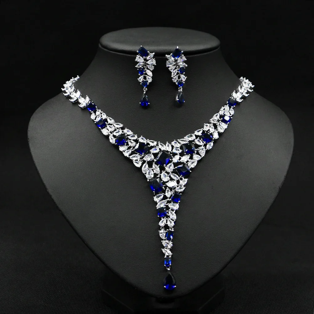 Luxurious Vintage Baroque Long Necklace Earrings Jewelry Set Cubic Zirconia Women Bridal Wedding Evening Party Gift