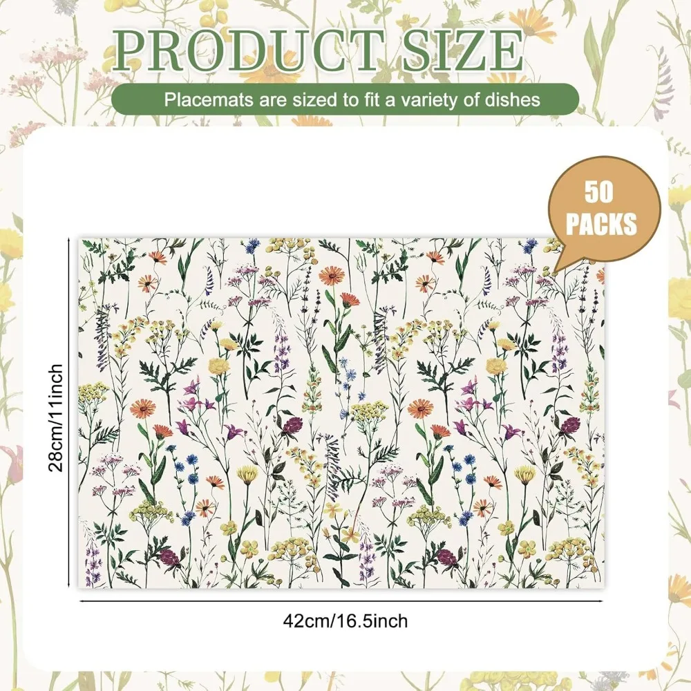 50 pcs spring flowers placemats 11 x 17 wildflower paper placemats summer seasonal disposable paper place mats for rustic farmho