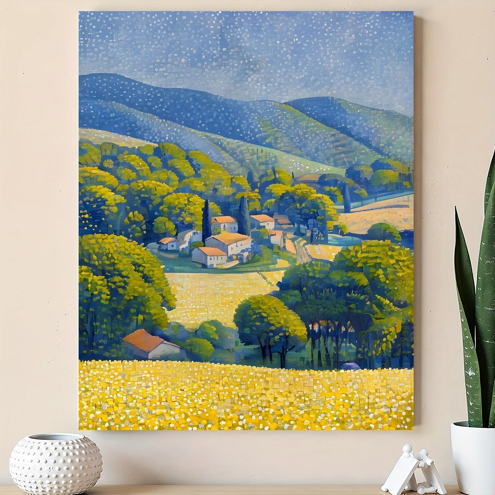 A Frameless 2D Flat Painting Set Featuring a House, Trees, And Fields, Perfect for Professional Art Use. This Digital Oil Painti