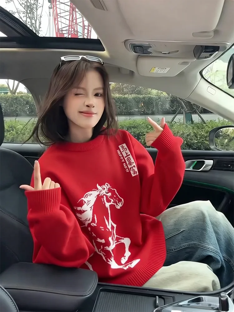 

Красный вязаный свитер свободного кроя, зимняя повседневная одежда для мужчин и женщин, праздничная одежда на Новый год, удобная внутренняя одежда