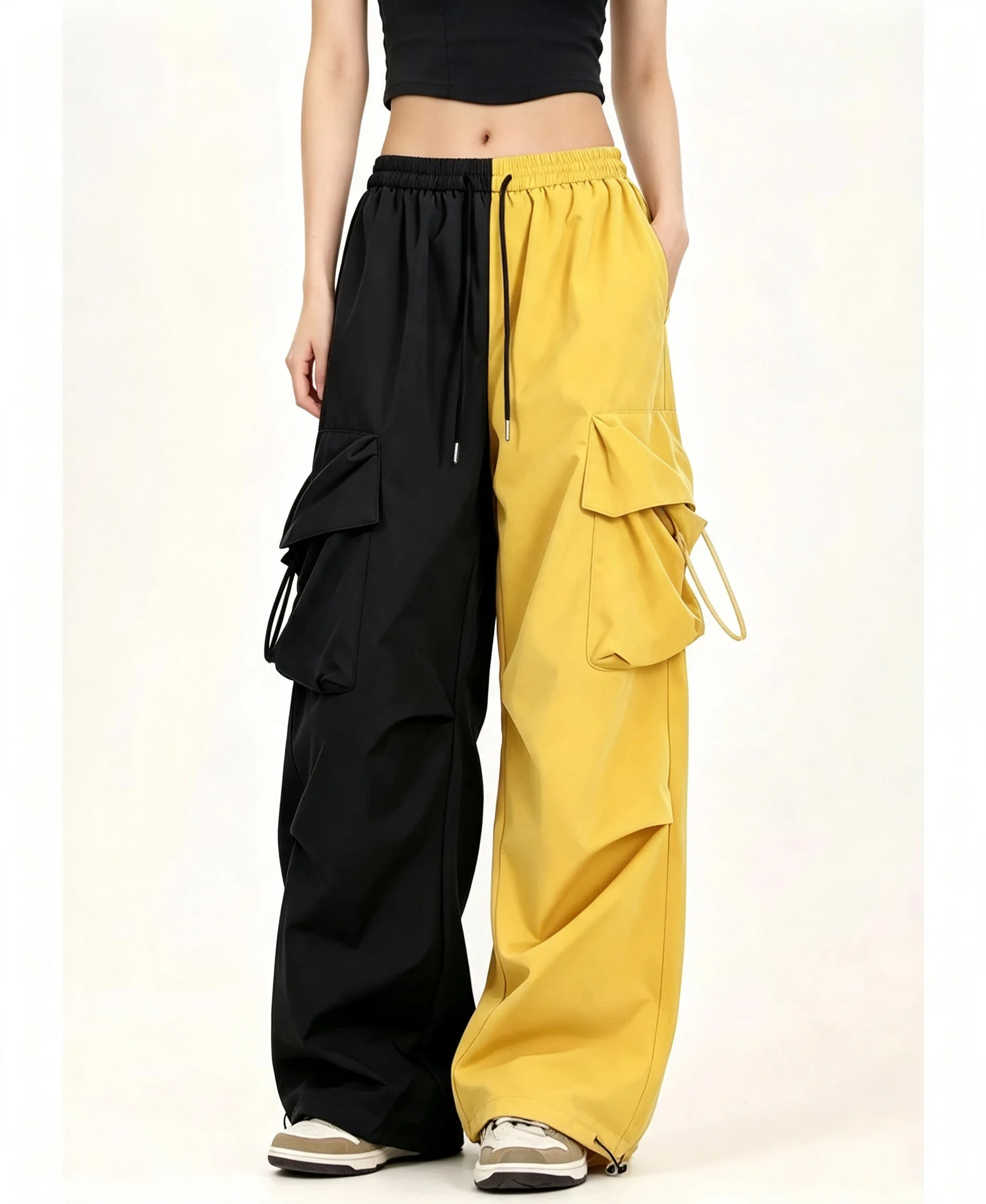 Women's Lightweight Color Block Parachute Pants Wide Leg Jogger Cuffed Hem 2-in-1 Hip Hop Dance Casual Wear