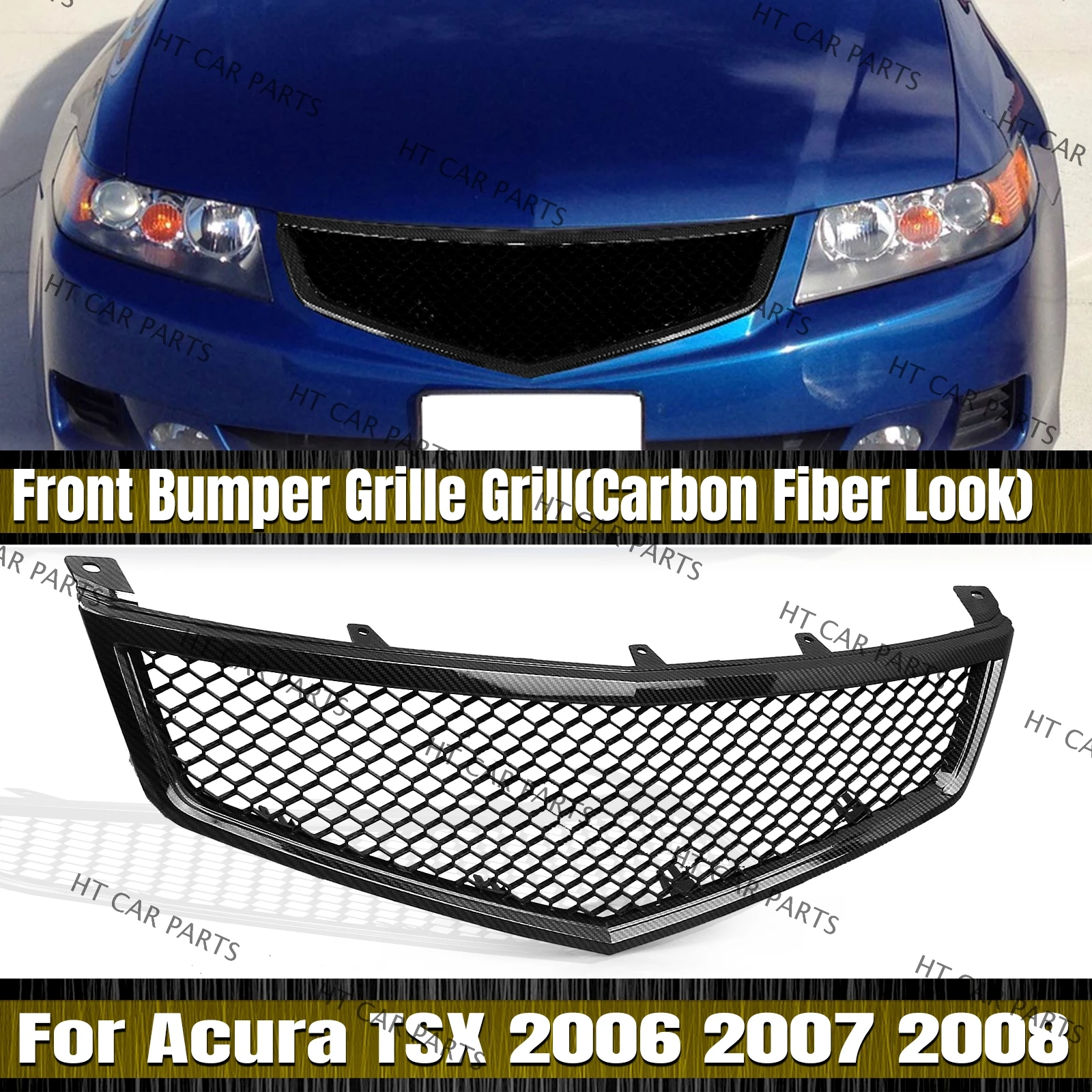 

For Acura TSX 2006-2008 2006 2007 2008 1Piece Carbon Fiber Look Honeycomb Style of Front Bumper Grille Grill