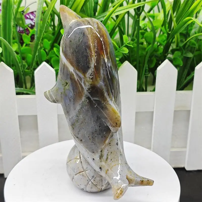 Natural Ocean Jasper Dolphin Carving Reiki Healing Fengshui Stone Gift Home Office Decoration Gift 1PCS