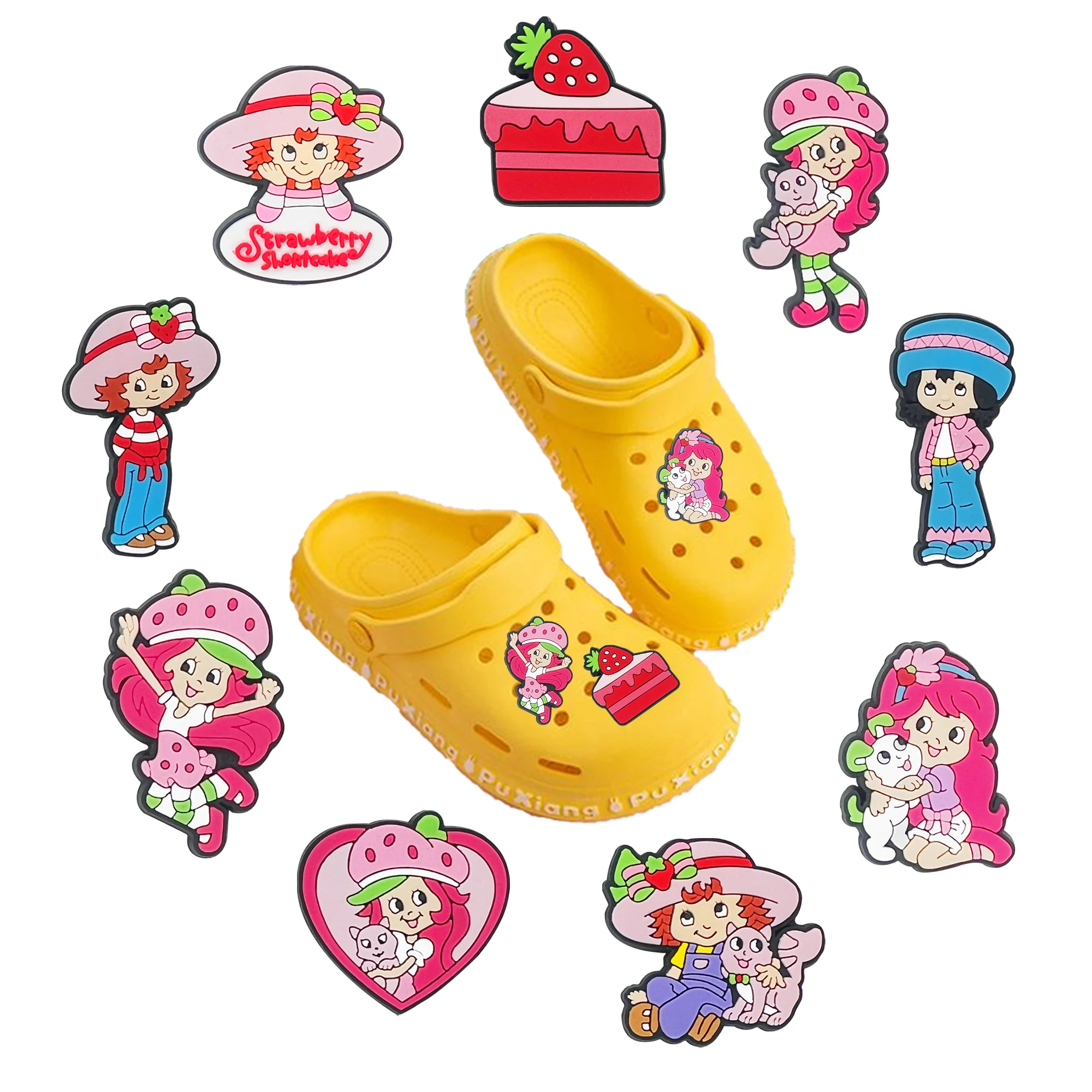 Hot sales 9pcs Cute Strawberry Girl Cartoon PVC Shoe Accessories Suitable For Hole Shoes And Beach Bags DIY Detachable Accessory