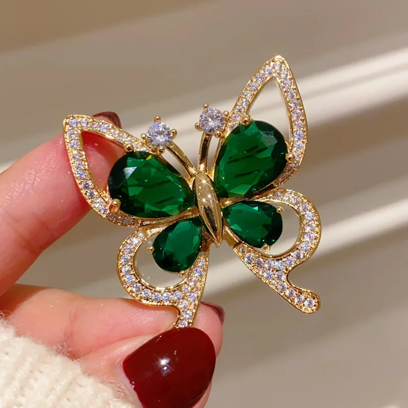 Vintage Green Rhinestone Butterfly Brooches For Women Girls Shiny Corsage Clothing Accessories Gifts