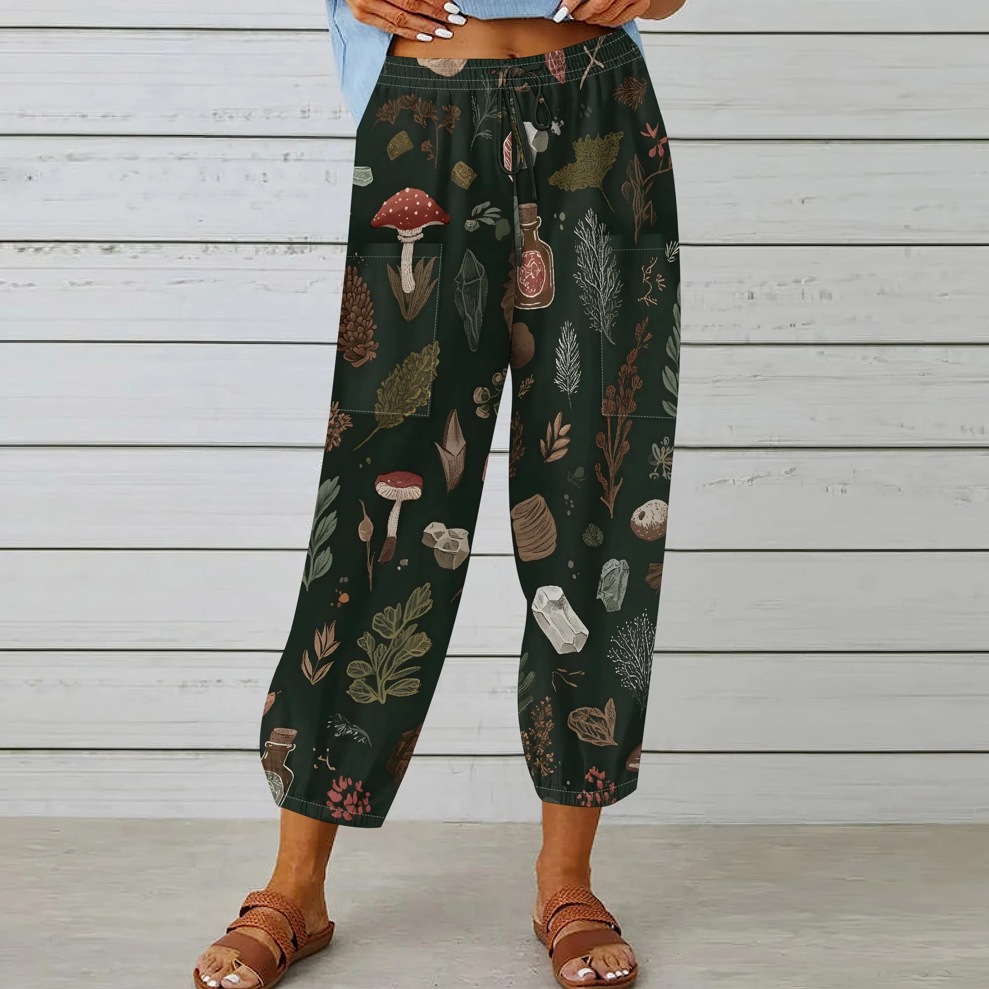 Mushroom Print, Casual Pants, Botanical Pattern Forest Trousers, Pocket Design Drawstring Waist, Women's Lounge Wear, XS-2XL