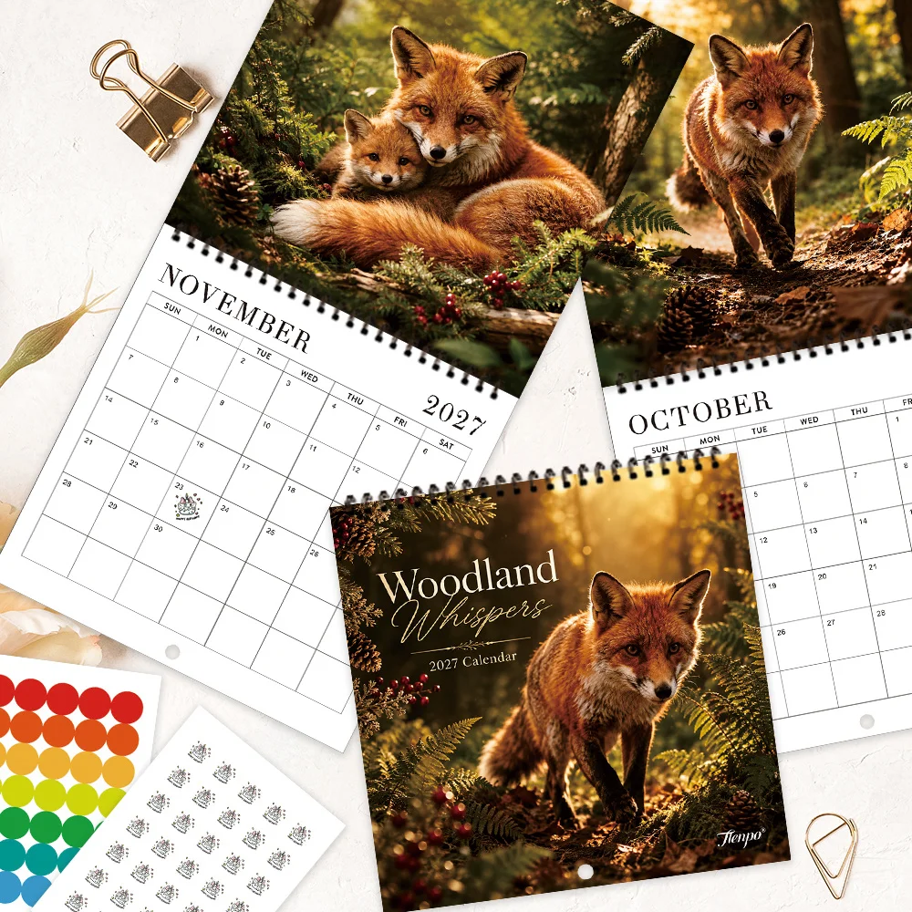 1pc 2027 Realistic Forest Fox Wall Calendar,12‑Month Planner,Gift For Back‑to‑School,Christmas,New Year,Free Stickers Included