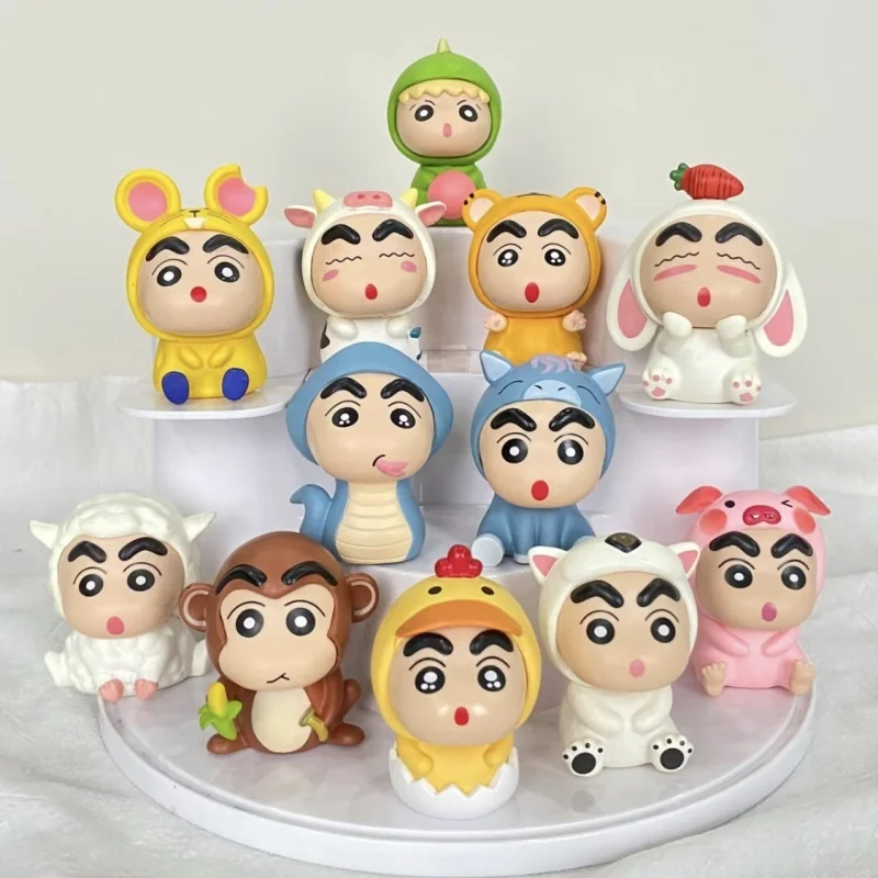 6/10/12pcs Set Crayon Shin-Chan Anime Figure Fishing Puppy Kawaii Q Version Mini Decor Figurines Collectibles Toys Holiday Gifts