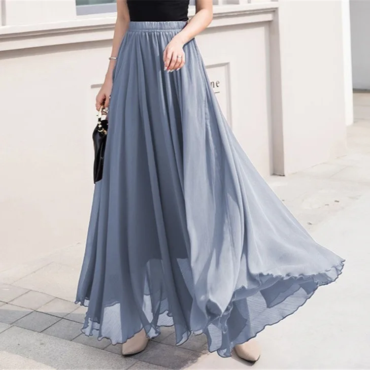 Women's Spring Summer New Solid Color Chiffon High Waist Flared Long Skirt Fairy 2025 Summer Dress Robe Vestido Women Elegant