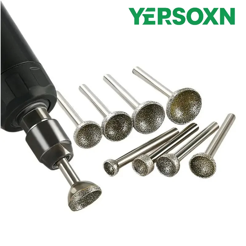 1PC Diamond Mounted Point 10-25mm Head Diameter Spherical Concave Head Bead Coarse Grinding Bit For Jade Amber Stone Beeswax