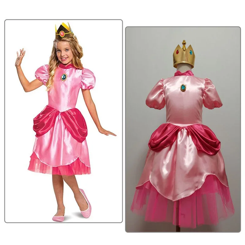 

Carnival Cosplay Baby Girls Party Christmas Super Brother costumes Halloween Pink Super Princess Peach Dress Costumes with Crown