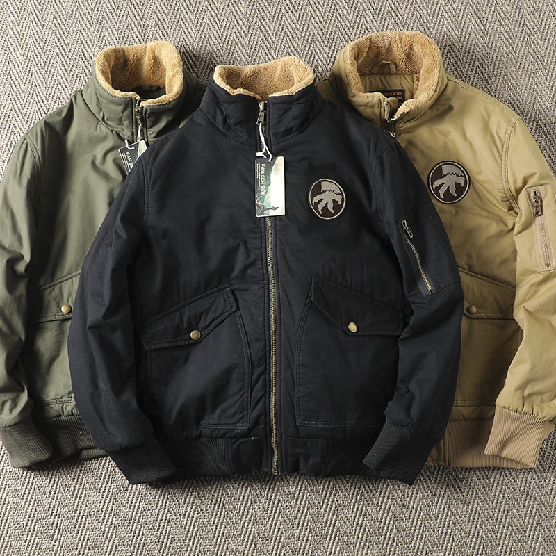 

Зимняя утепленная куртка из хлопка на флисовой подкладке, мужская куртка-пилот в стиле ВВС, с воротником из овечьего меха, повседневная, с длинными рукавами, свободного кроя